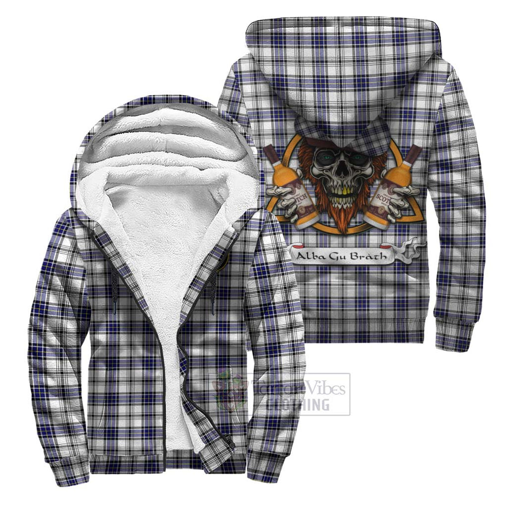 Tartan Vibes Clothing Hannay Tartan Sherpa Hoodie with Family Crest and Bearded Skull Holding Bottles of Whiskey