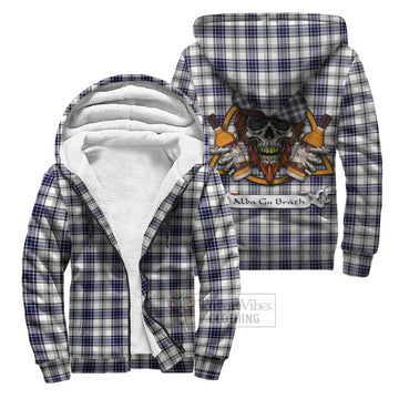 Hannay Tartan Sherpa Hoodie with Family Crest and Bearded Skull Holding Bottles of Whiskey