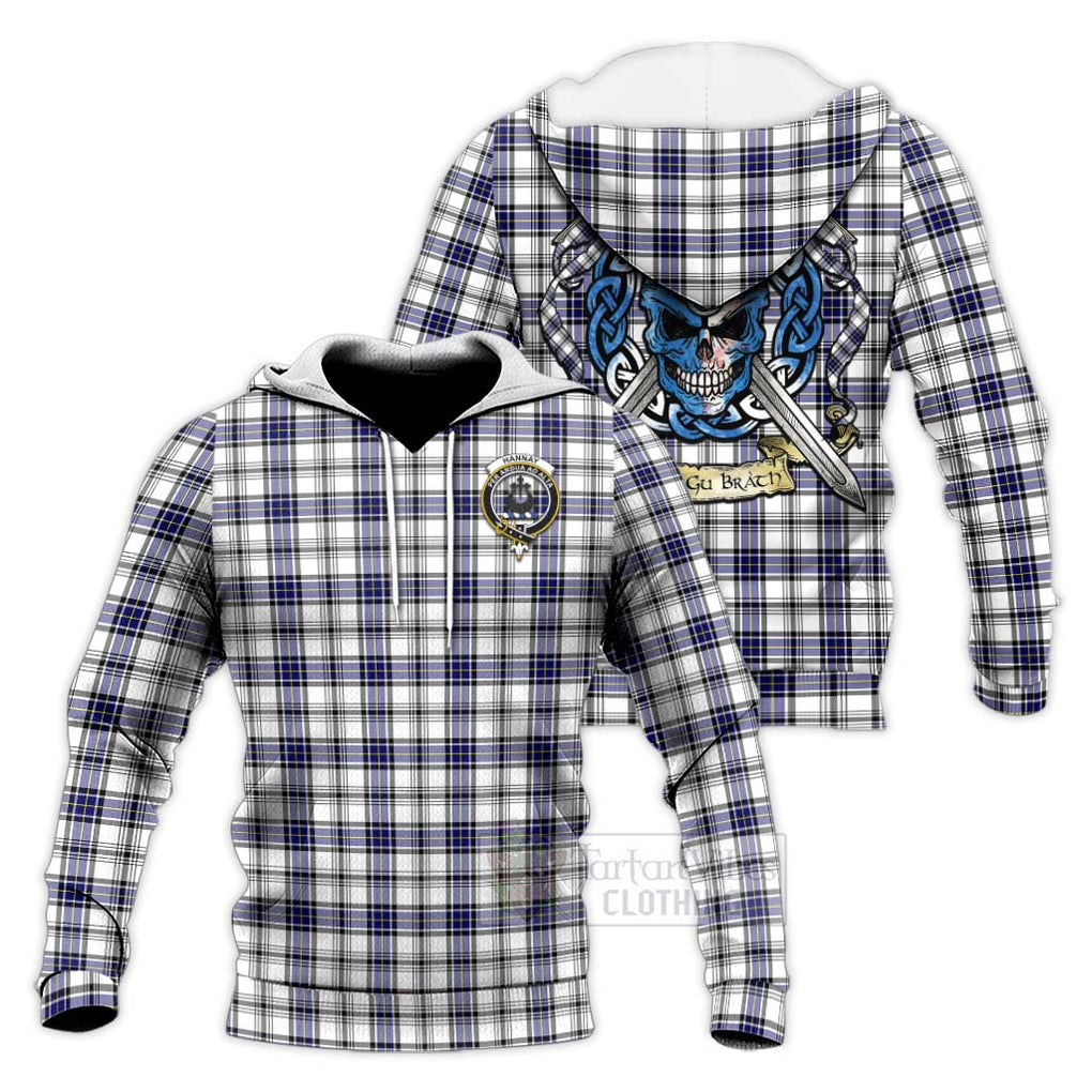 Tartan Vibes Clothing Hannay Tartan Knitted Hoodie with Family Crest Celtic Skull Style