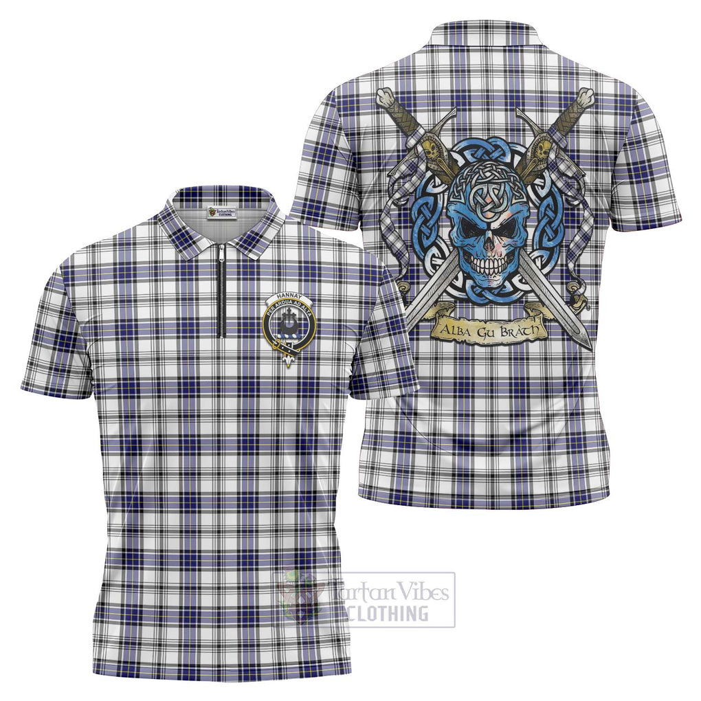 Tartan Vibes Clothing Hannay Tartan Zipper Polo Shirt with Family Crest Celtic Skull Style