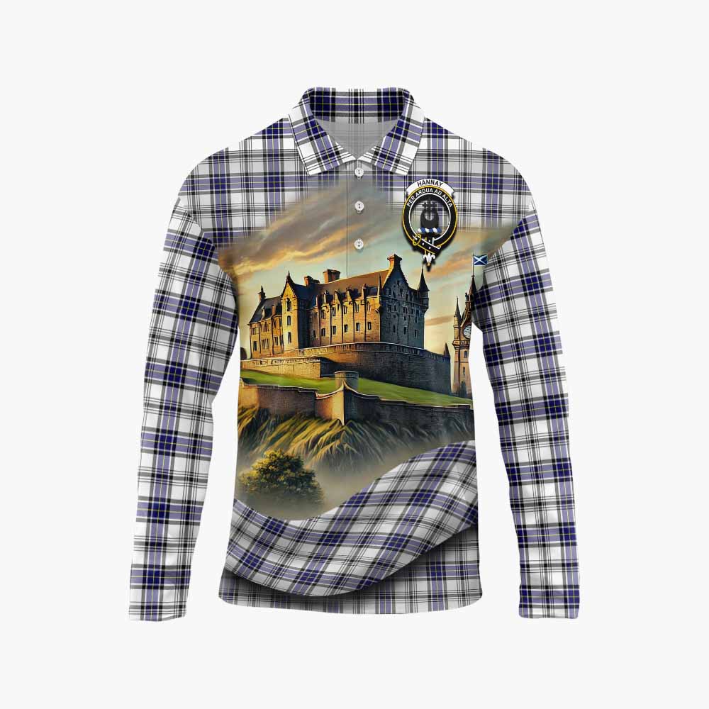 Hannay Tartan Family Crest Long Sleeve Polo Shirt with Scottish Ancient Castle Style Unisex - Tartan Vibes Clothing