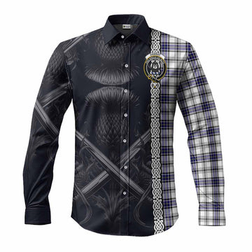 Hannay Tartan Long Sleeve Button Shirt with Family Crest Cross Sword Thistle Celtic Vibes