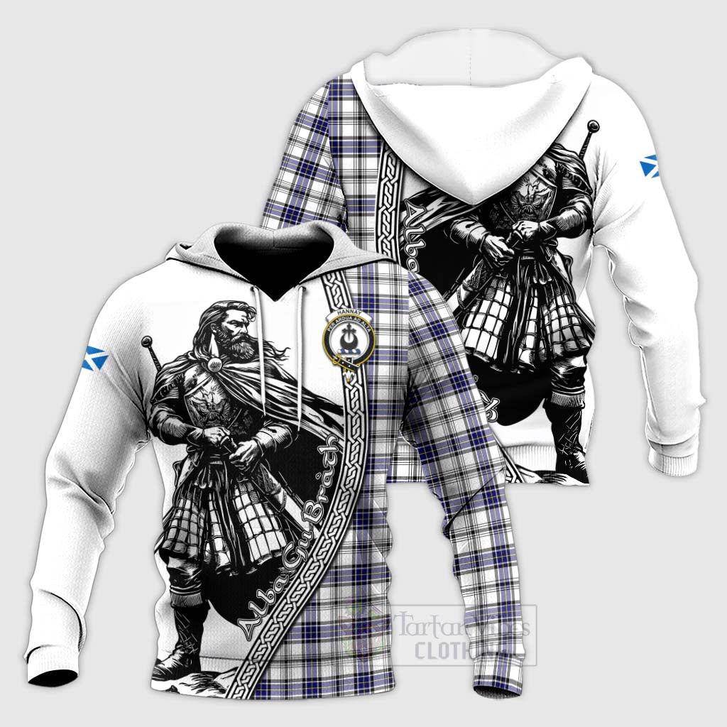 Tartan Vibes Clothing Hannay Tartan Clan Crest Knitted Hoodie with Highlander Warrior Celtic Style