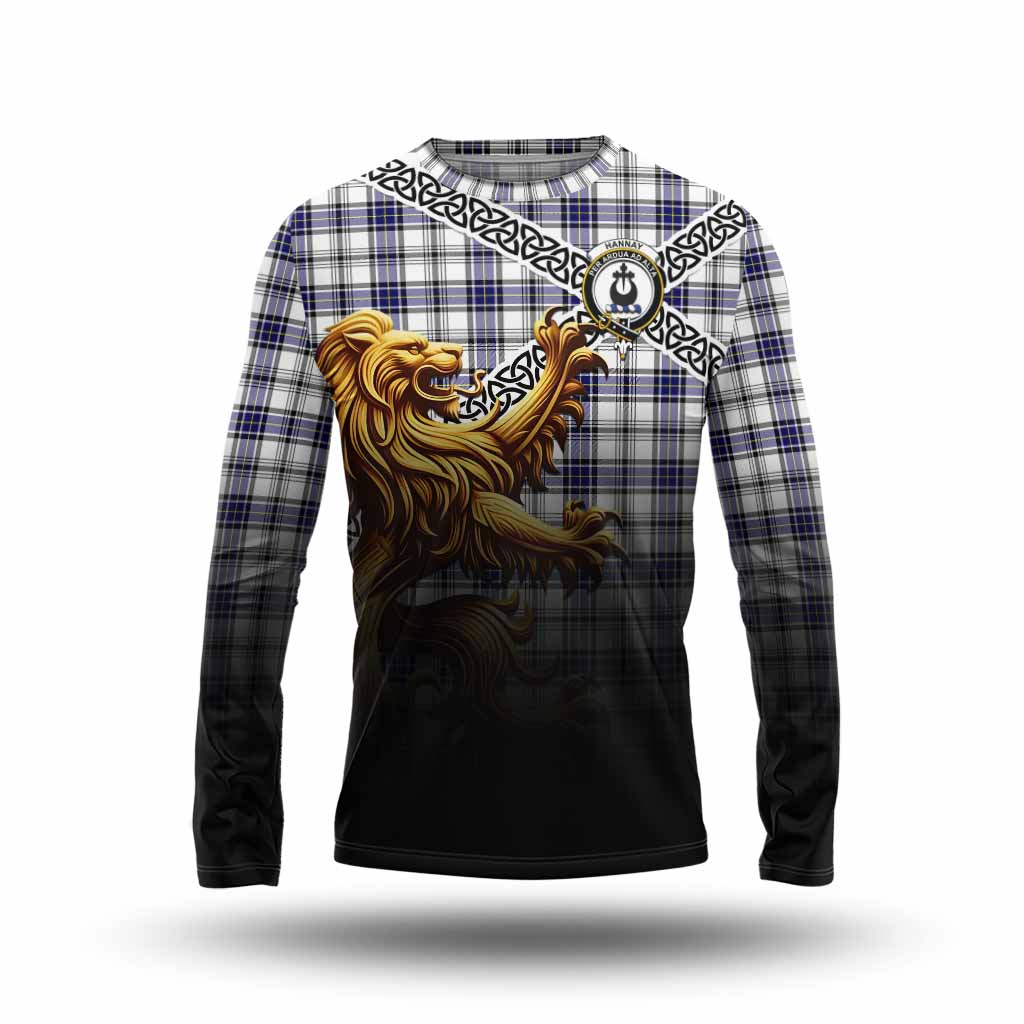 Hannay Crest Tartan Long Sleeve T-Shirt with Golden Lion Emblem Celtic Style Unisex - Tartan Vibes Clothing
