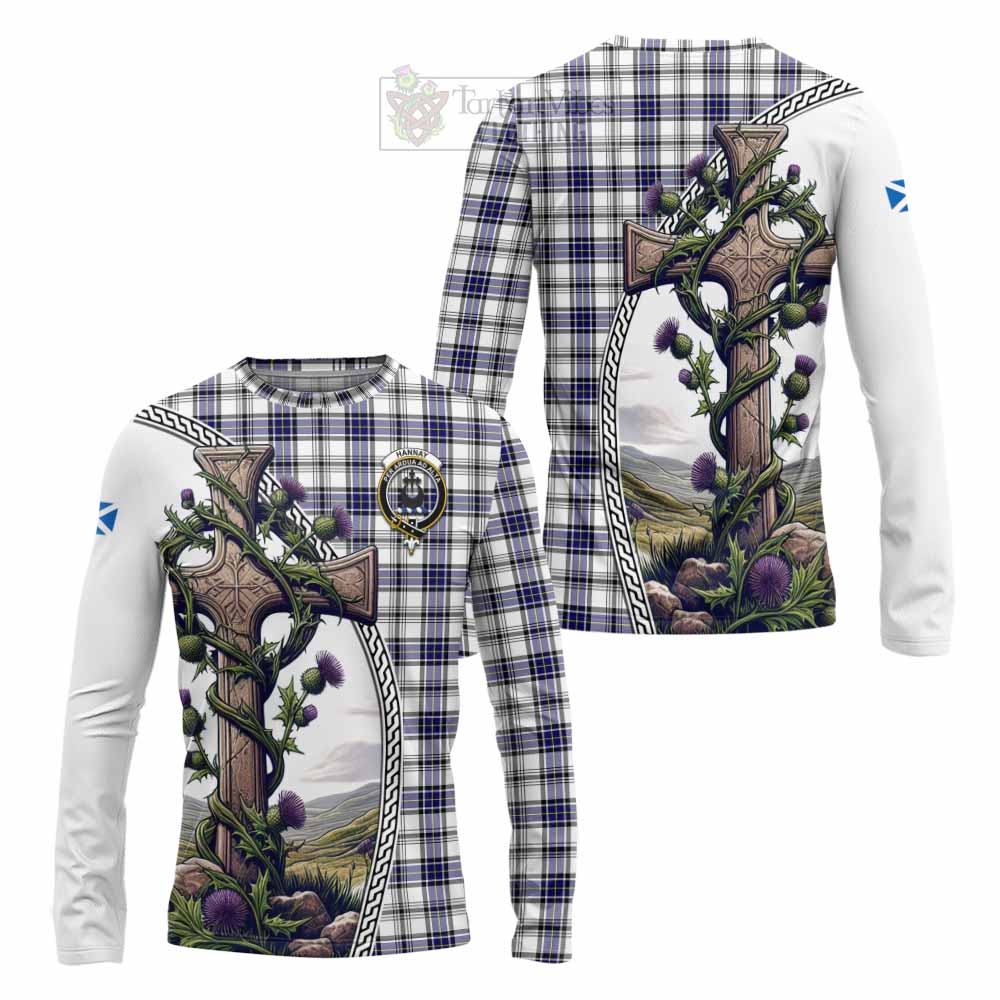 Tartan Vibes Clothing Hannay Tartan Long Sleeve T-Shirt with Family Crest and St. Andrew's Cross Accented by Thistle Vines