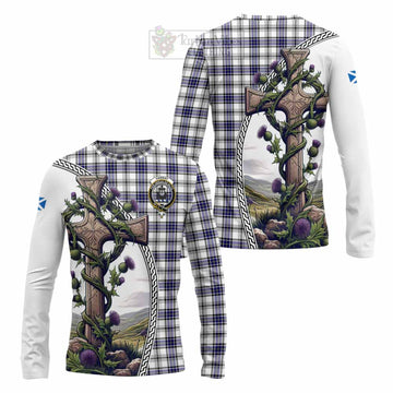 Hannay Tartan Long Sleeve T-Shirt with Family Crest and St. Andrew's Cross Accented by Thistle Vines