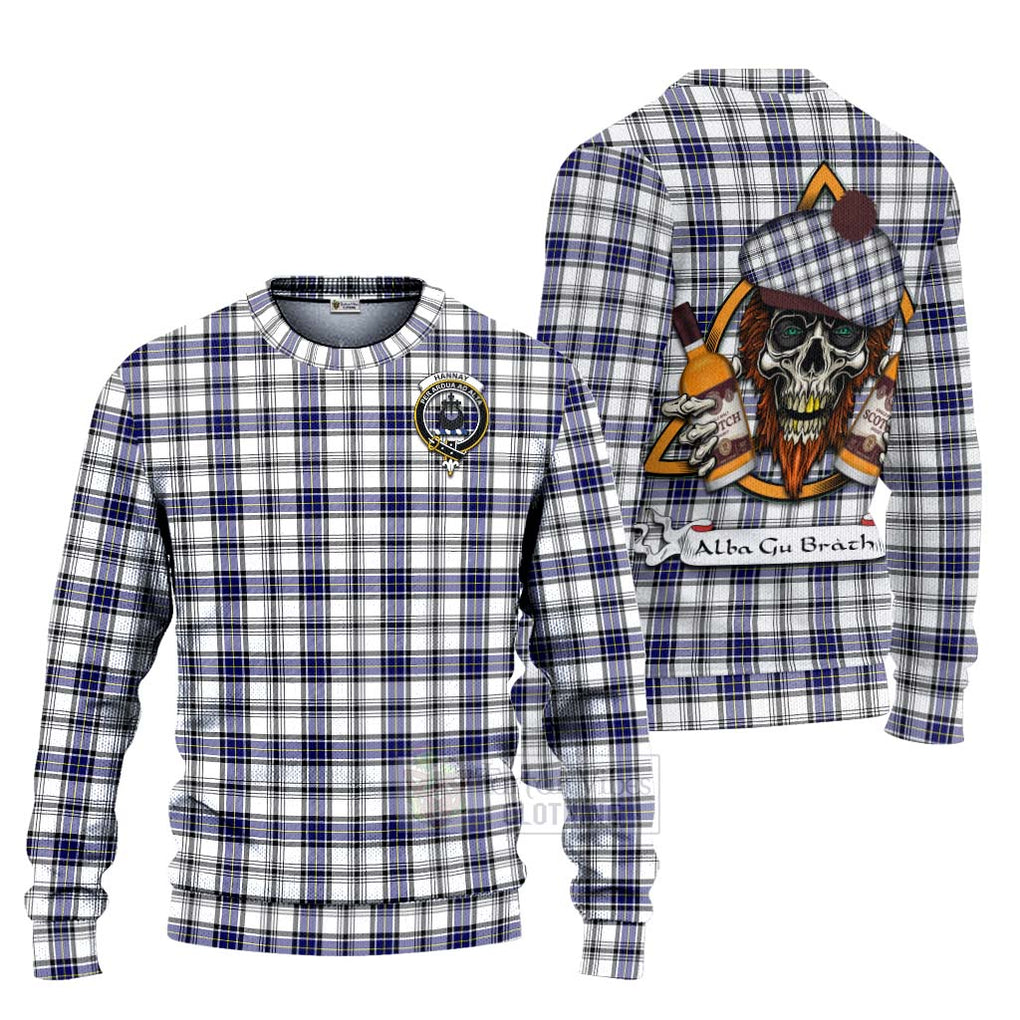 Tartan Vibes Clothing Hannay Tartan Knitted Sweater with Family Crest and Bearded Skull Holding Bottles of Whiskey