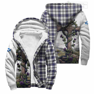 Hannay Tartan Sherpa Hoodie with Family Crest and St. Andrew's Cross Accented by Thistle Vines Unisex S - Tartan Vibes Clothing