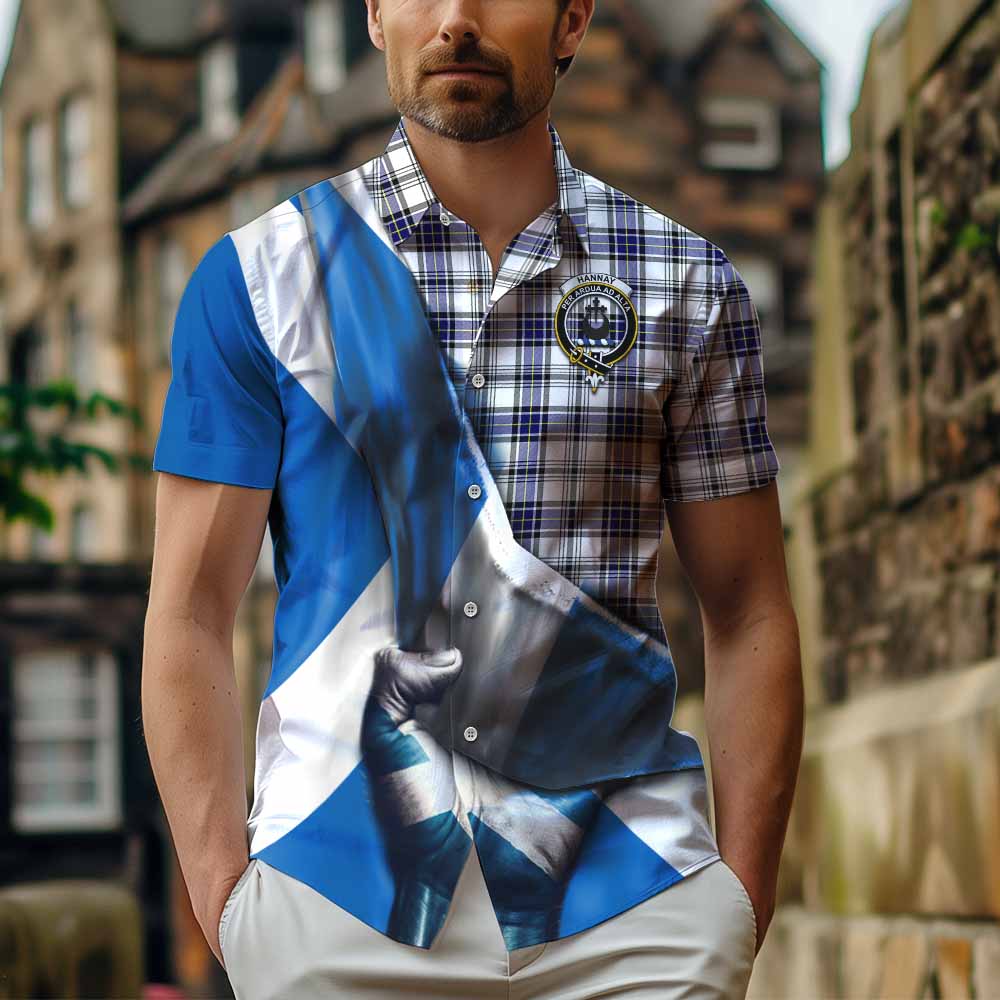 Tartan Vibes Clothing Hannay Tartan Short Sleeve Button Shirt with Family Crest Scotland Patriotic Style