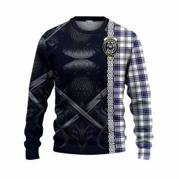 Hannay Tartan Knitted Sweater with Family Crest Cross Sword Thistle Celtic Vibes