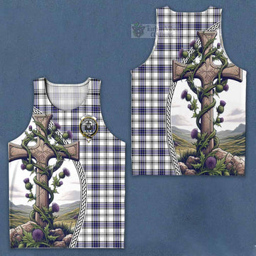 Hannay Tartan Men's Tank Top with Family Crest and St. Andrew's Cross Accented by Thistle Vines Men - Tartan Vibes Clothing
