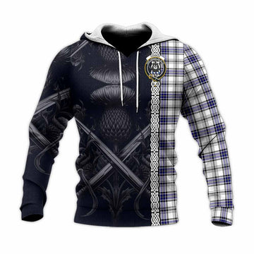 Hannay Tartan Knitted Hoodie with Family Crest Cross Sword Thistle Celtic Vibes