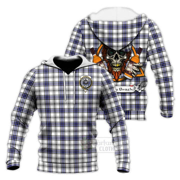 Hannay Tartan Knitted Hoodie with Family Crest and Bearded Skull Holding Bottles of Whiskey