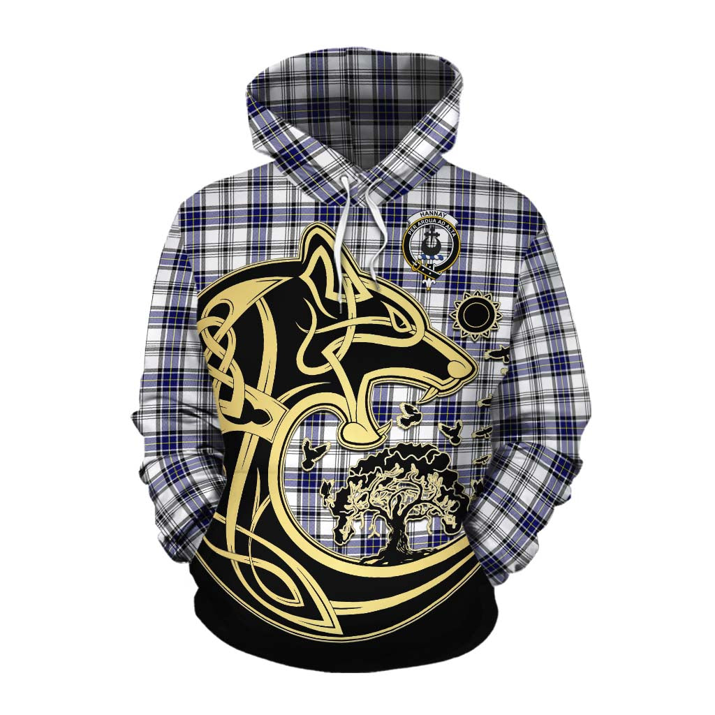 Tartan Vibes Clothing Hannay Tartan Cotton Hoodie with Family Crest Celtic Wolf Style