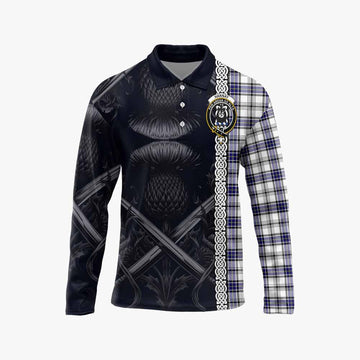 Hannay Tartan Long Sleeve Polo Shirt with Family Crest Cross Sword Thistle Celtic Vibes