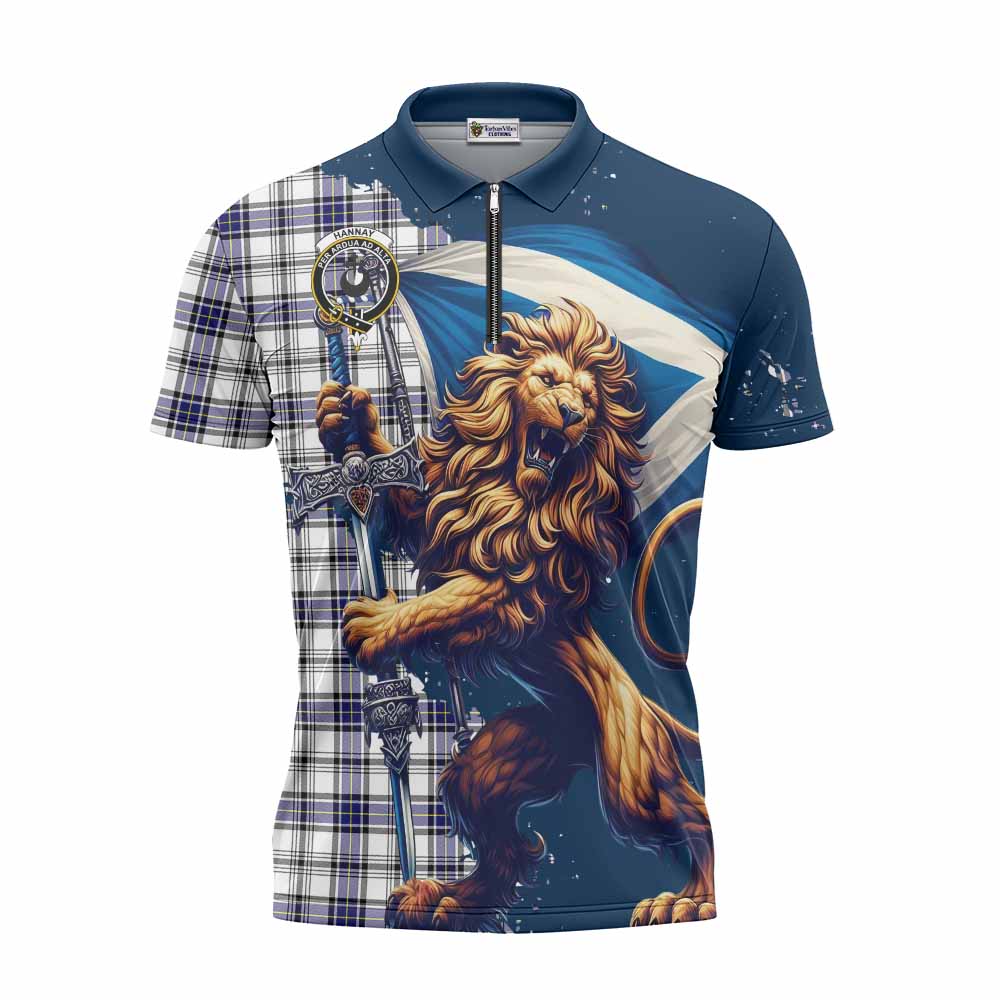 Tartan Vibes Clothing Hannay Tartan Family Crest Zipper Polo Shirt with Scottish Majestic Lion