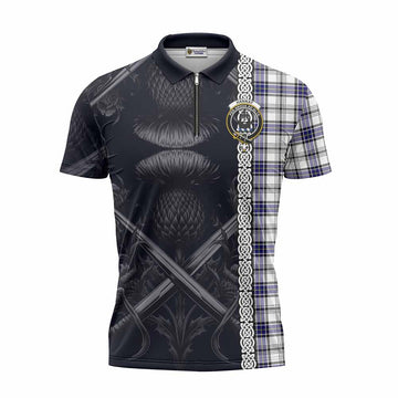 Hannay Tartan Zipper Polo Shirt with Family Crest Cross Sword Thistle Celtic Vibes