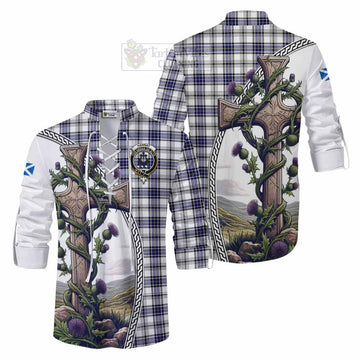 Hannay Tartan Ghillie Kilt Shirt with Family Crest and St. Andrew's Cross Accented by Thistle Vines