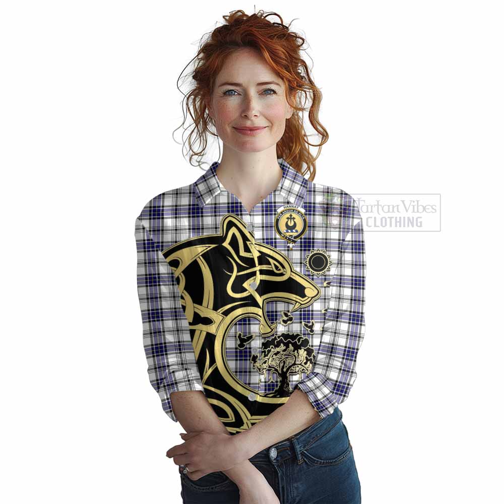 Tartan Vibes Clothing Hannay Tartan Women's Casual Shirt with Family Crest Celtic Wolf Style