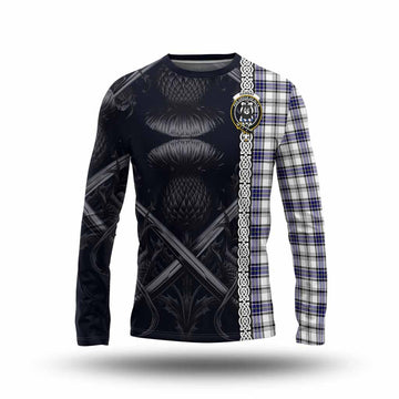 Hannay Tartan Long Sleeve T-Shirt with Family Crest Cross Sword Thistle Celtic Vibes