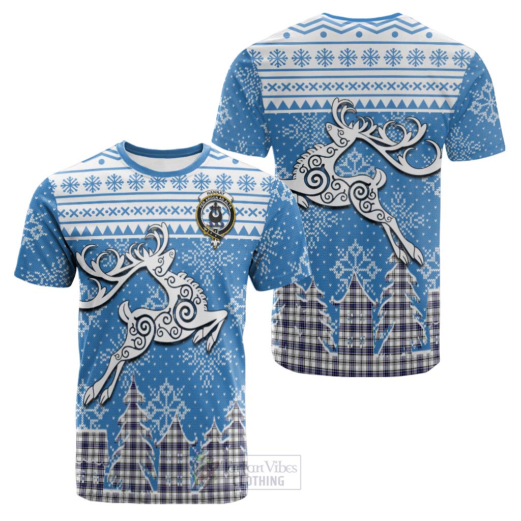 Tartan Vibes Clothing Hannay Clan Christmas Cotton T-shirt Celtic Reindeer Style