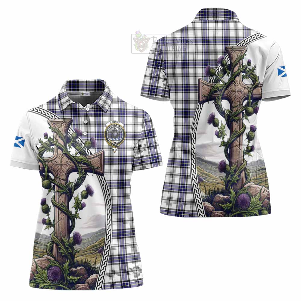 Tartan Vibes Clothing Hannay Tartan Women's Polo Shirt with Family Crest and St. Andrew's Cross Accented by Thistle Vines