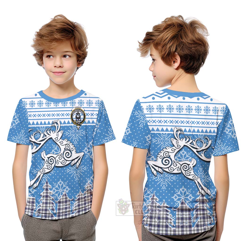 Tartan Vibes Clothing Hannay Clan Christmas Kid T-Shirt Celtic Reindeer Style