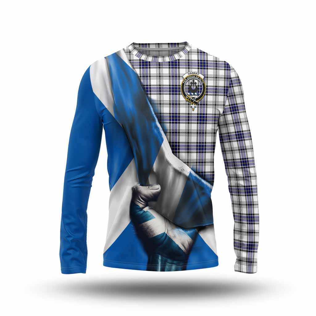 Tartan Vibes Clothing Hannay Tartan Long Sleeve T-Shirt with Family Crest Scotland Patriotic Style