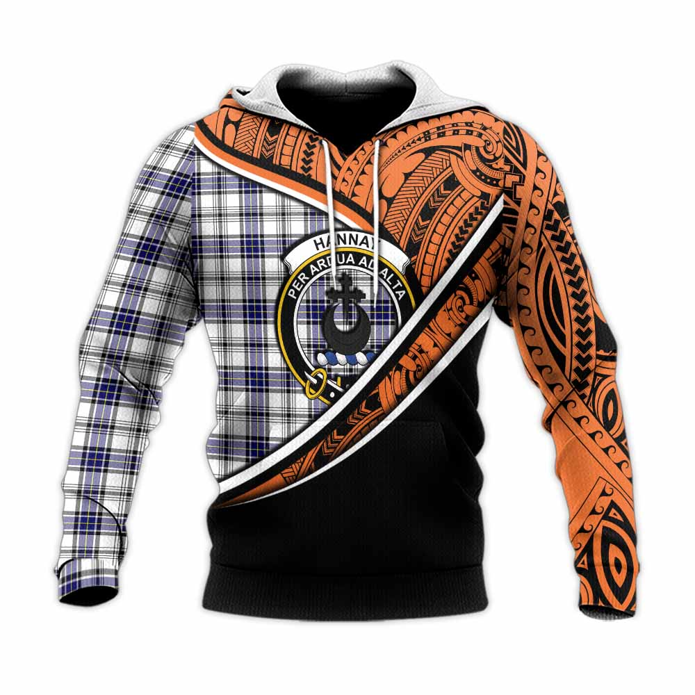 Tartan Vibes Clothing Hannay Crest Tartan Knitted Hoodie with Maori Tattoo Style - Orange Version