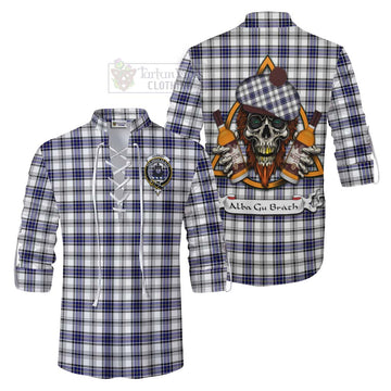 Hannay Tartan Ghillie Kilt Shirt with Family Crest and Bearded Skull Holding Bottles of Whiskey