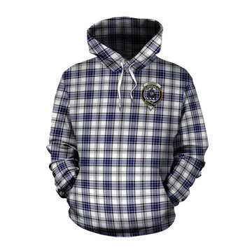 Hannay Tartan Cotton Hoodie with Family Crest and Bearded Skull Holding Bottles of Whiskey