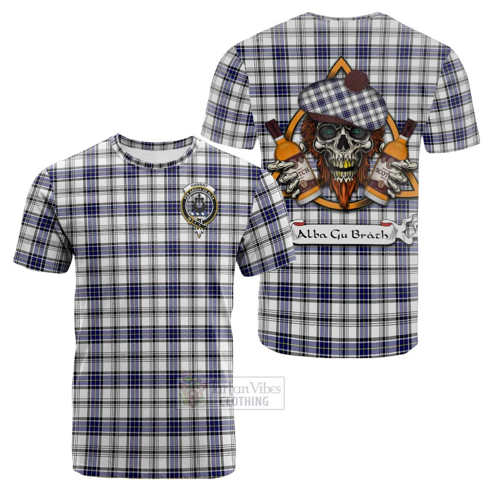 Tartan Vibes Clothing Hannay Tartan Cotton T-shirt with Family Crest and Bearded Skull Holding Bottles of Whiskey