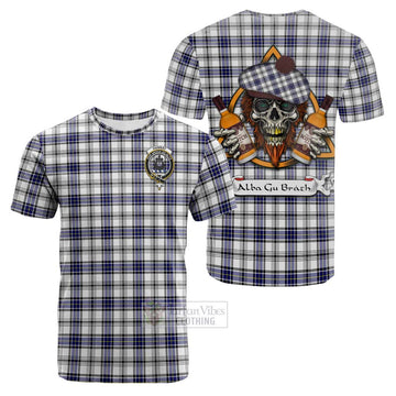 Hannay Tartan Cotton T-shirt with Family Crest and Bearded Skull Holding Bottles of Whiskey