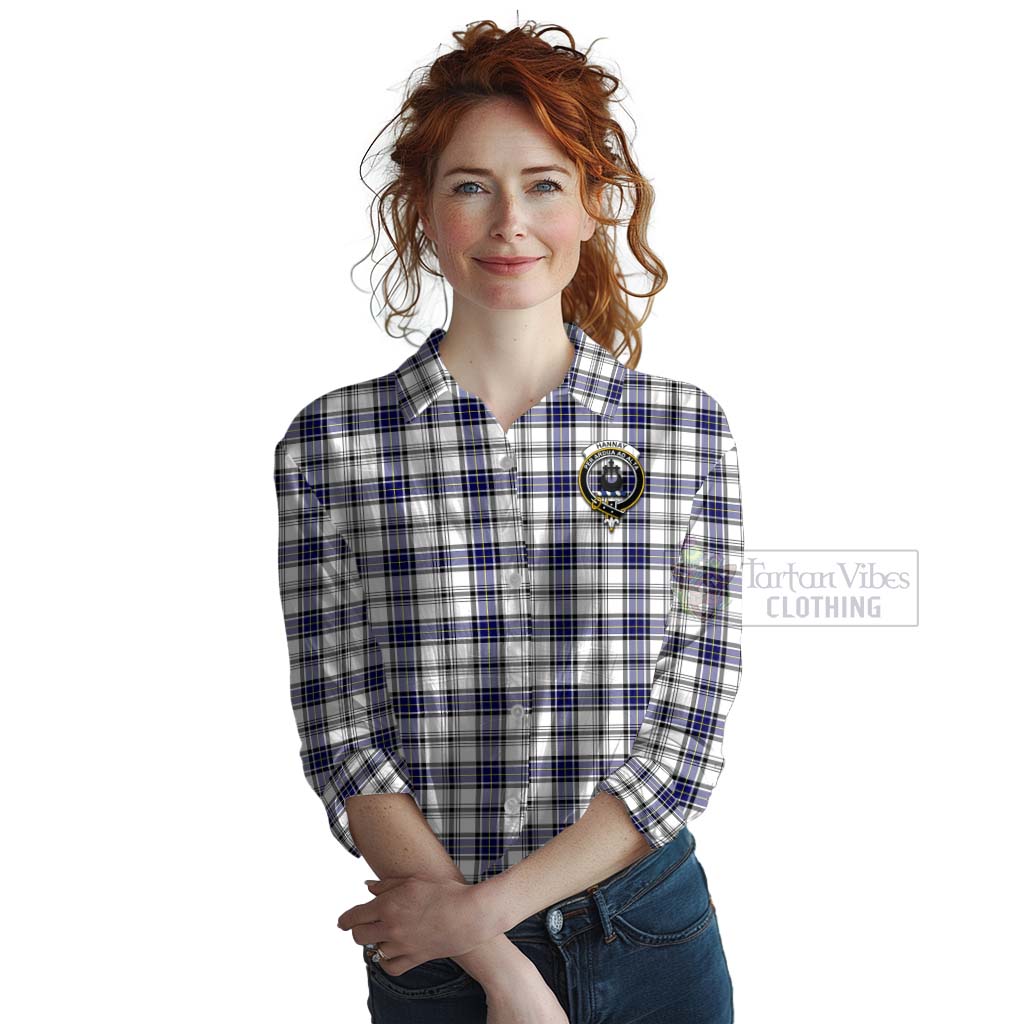 Tartan Vibes Clothing Hannay Tartan Women's Casual Shirt with Family Crest and Bearded Skull Holding Bottles of Whiskey