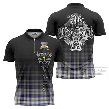 Hannay Tartan Zipper Polo Shirt Featuring Alba Gu Brath Family Crest Celtic Inspired