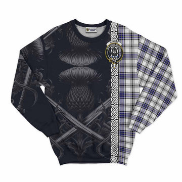 Hannay Tartan Sweatshirt with Family Crest Cross Sword Thistle Celtic Vibes