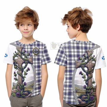 Hannay Tartan Kid T-Shirt with Family Crest and St. Andrew's Cross Accented by Thistle Vines Youth XL Size14 - Tartan Vibes Clothing