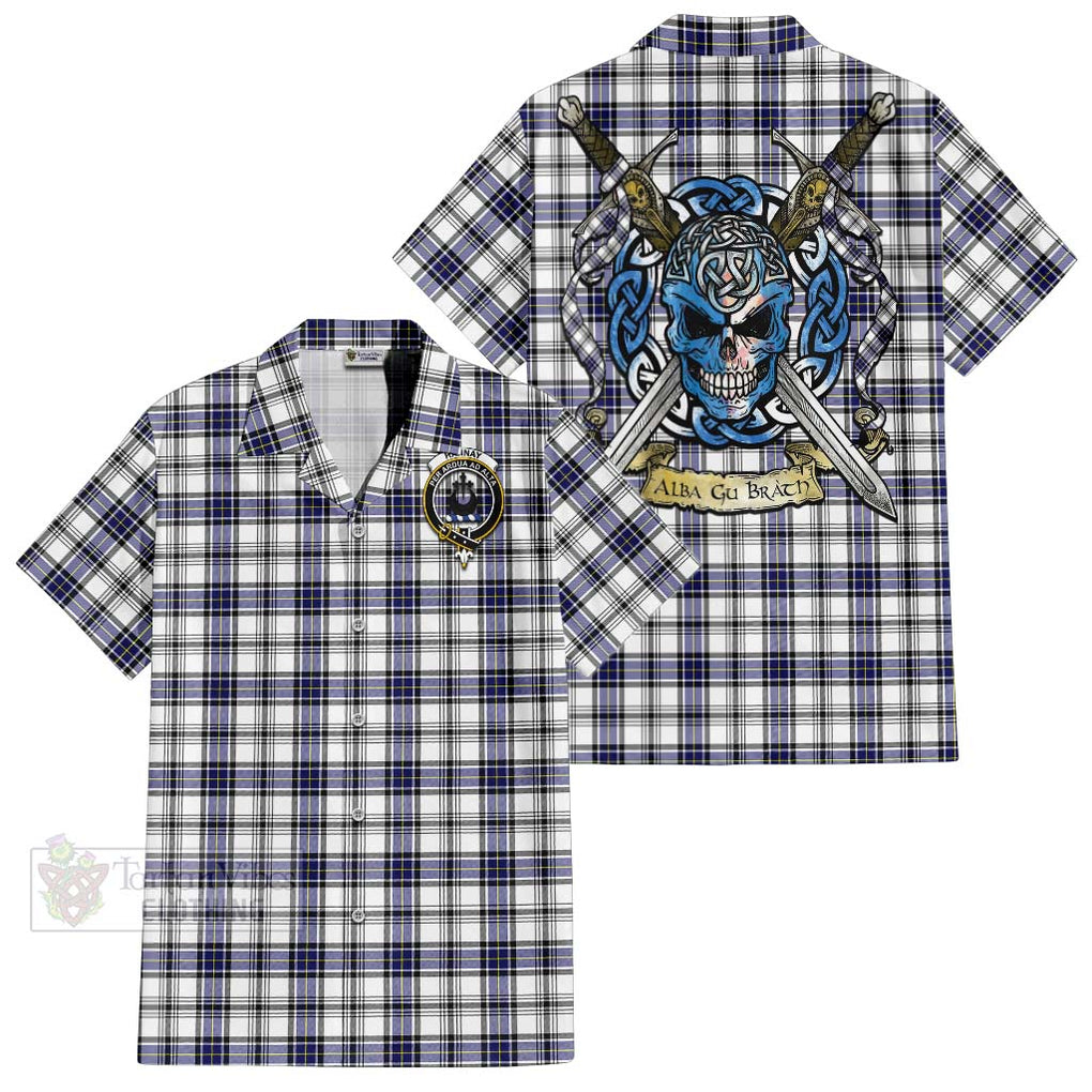 Tartan Vibes Clothing Hannay Tartan Short Sleeve Button Shirt with Family Crest Celtic Skull Style