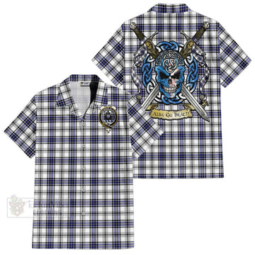 Hannay Tartan Short Sleeve Button Shirt with Family Crest Celtic Skull Style