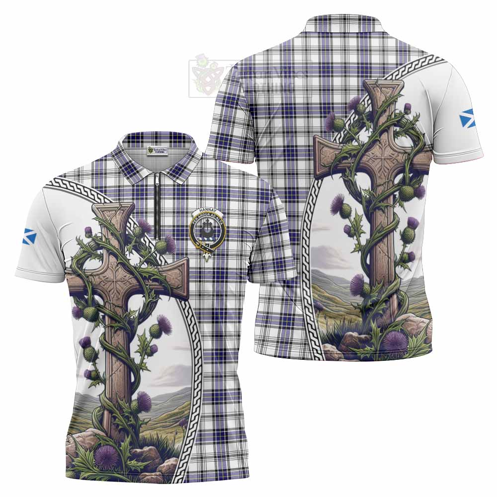 Tartan Vibes Clothing Hannay Tartan Zipper Polo Shirt with Family Crest and St. Andrew's Cross Accented by Thistle Vines