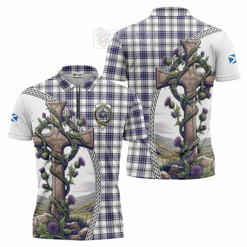 Hannay Tartan Zipper Polo Shirt with Family Crest and St. Andrew's Cross Accented by Thistle Vines