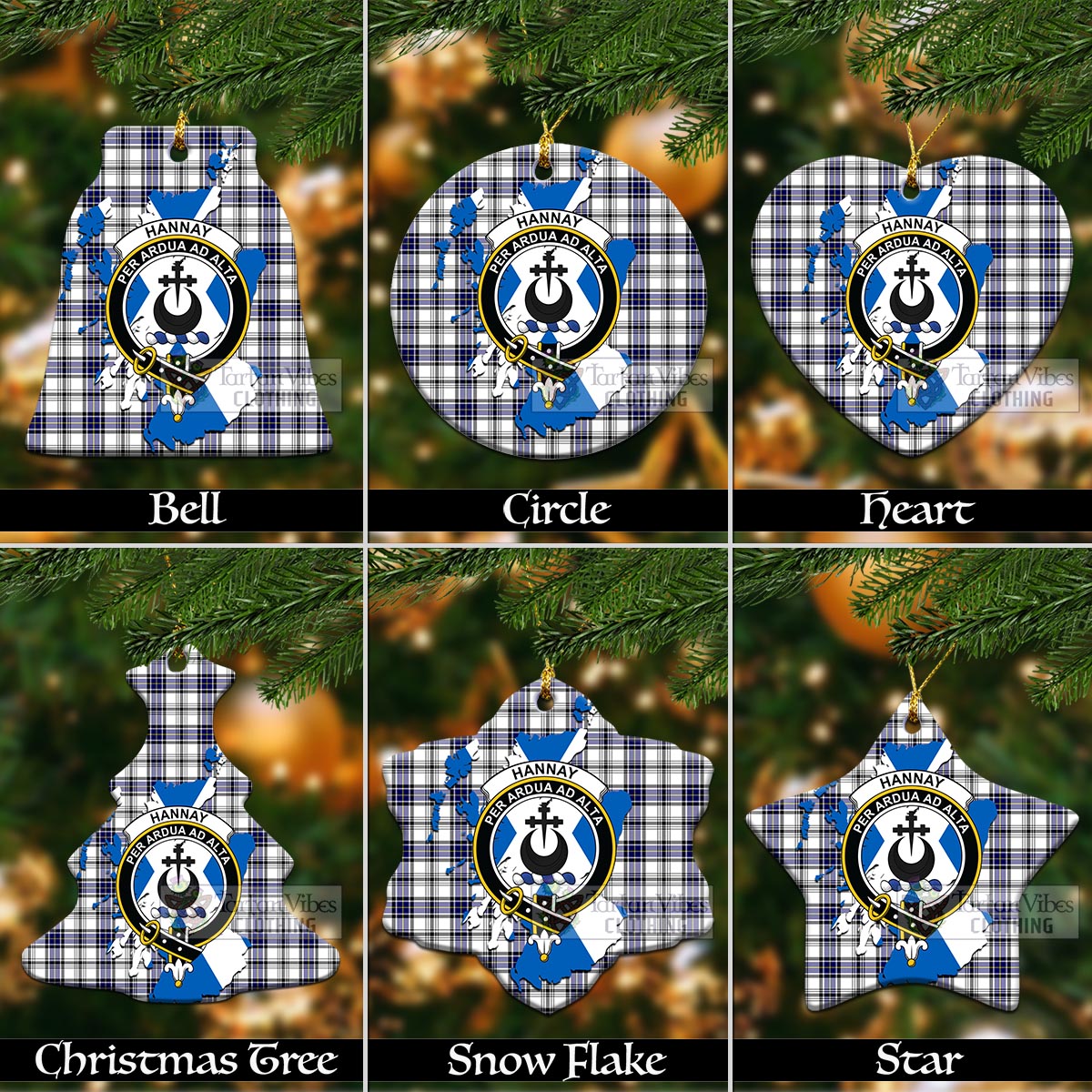 Tartan Vibes Clothing Hannay Tartan Christmas Ornament with Family Crest and Scotland Map