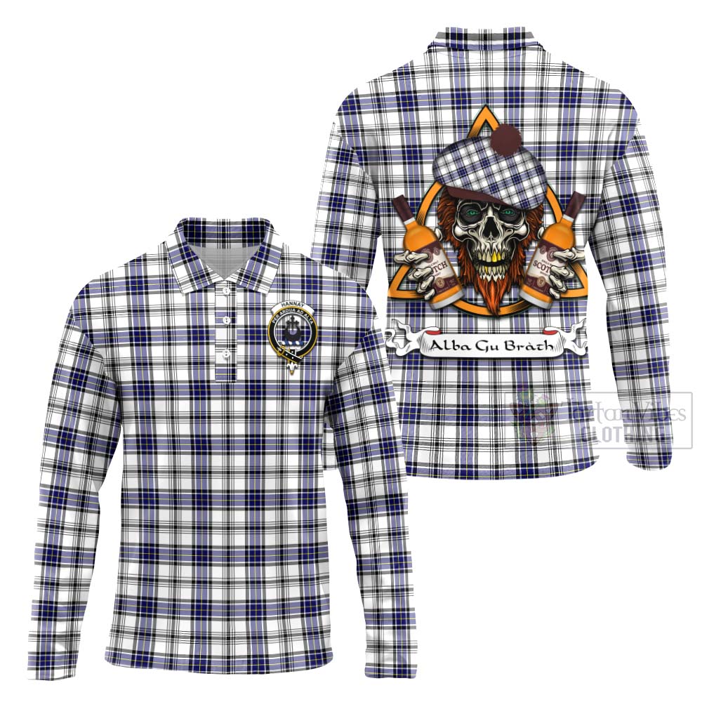 Tartan Vibes Clothing Hannay Tartan Long Sleeve Polo Shirt with Family Crest and Bearded Skull Holding Bottles of Whiskey