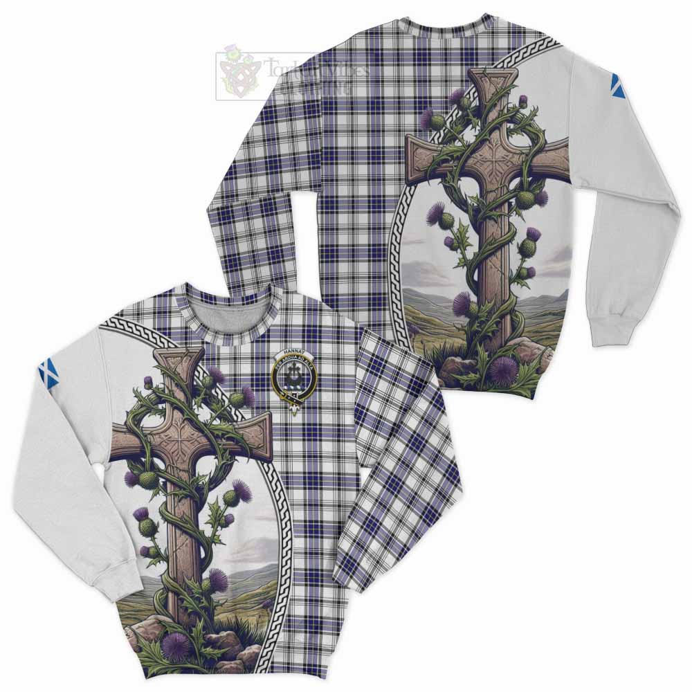 Tartan Vibes Clothing Hannay Tartan Sweatshirt with Family Crest and St. Andrew's Cross Accented by Thistle Vines