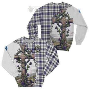 Hannay Tartan Sweatshirt with Family Crest and St. Andrew's Cross Accented by Thistle Vines