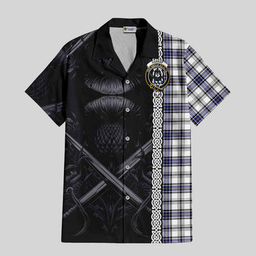 Hannay Tartan Short Sleeve Button Shirt with Family Crest Cross Sword Thistle Celtic Vibes