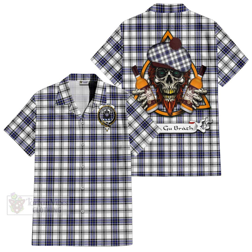 Tartan Vibes Clothing Hannay Tartan Short Sleeve Button Shirt with Family Crest and Bearded Skull Holding Bottles of Whiskey