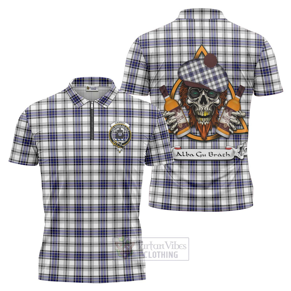 Tartan Vibes Clothing Hannay Tartan Zipper Polo Shirt with Family Crest and Bearded Skull Holding Bottles of Whiskey