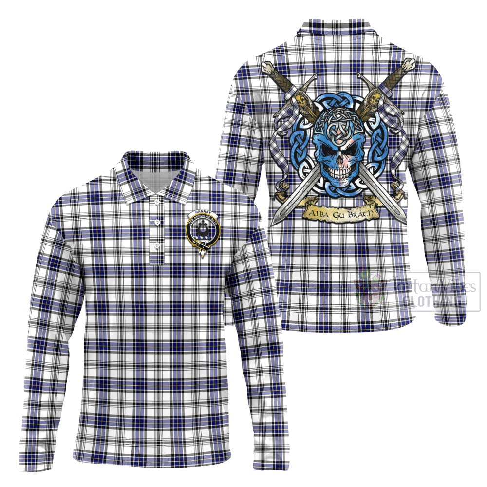 Tartan Vibes Clothing Hannay Tartan Long Sleeve Polo Shirt with Family Crest Celtic Skull Style