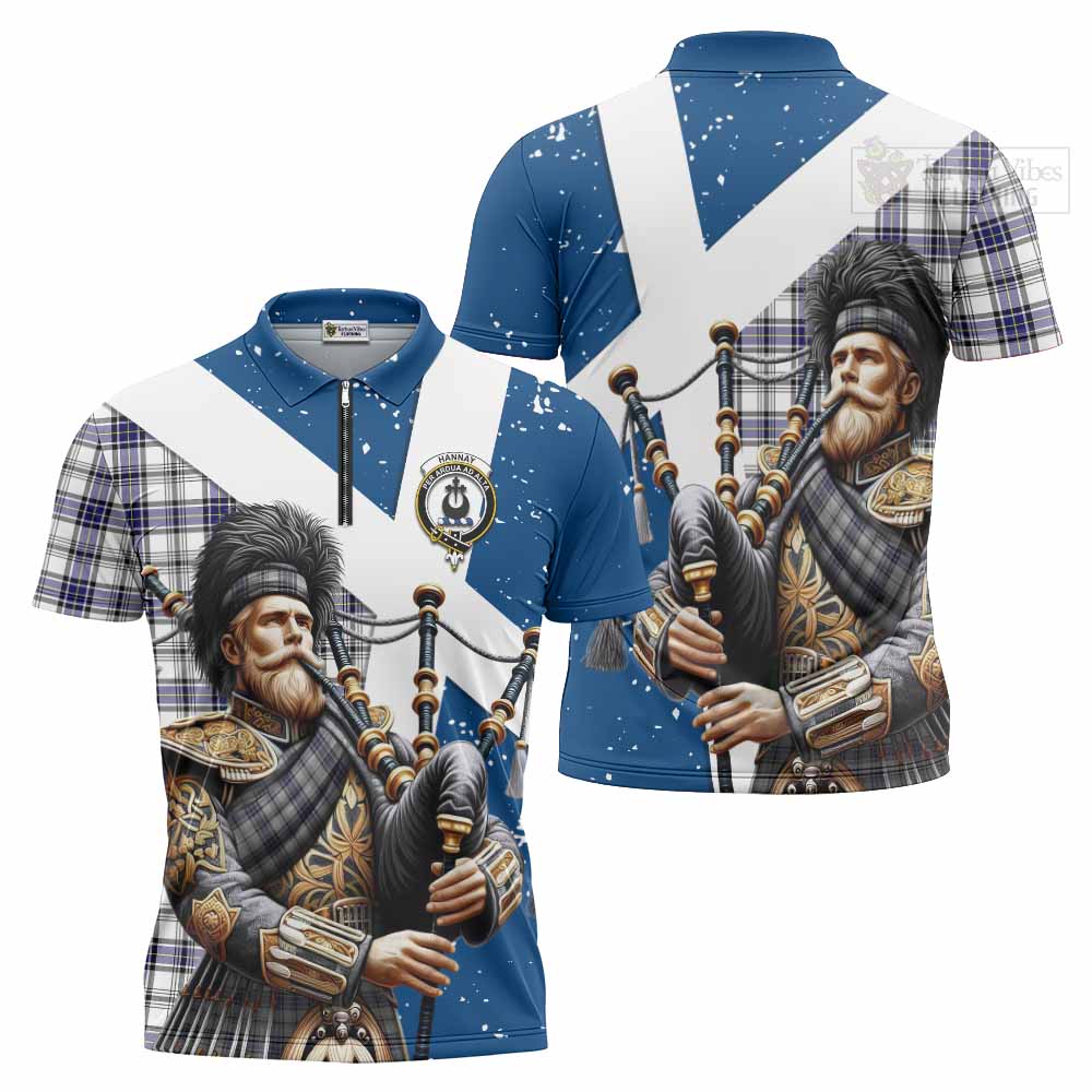 Tartan Vibes Clothing Hannay Tartan Zipper Polo Shirt with Family Crest Scottish Bagpiper Vibes